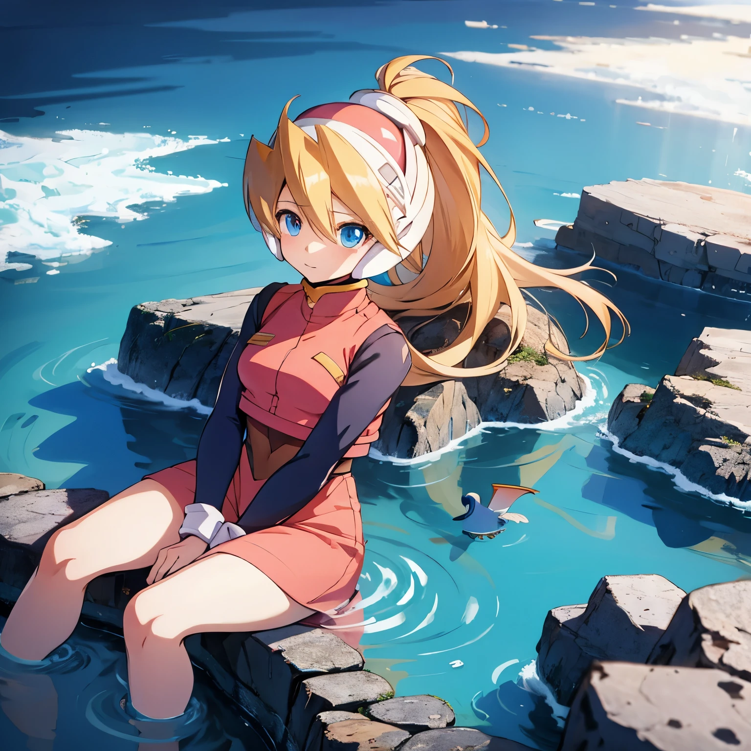 ciel_megamanz, 1girl, solo, long hair, blue eyes, blonde hair, ponytail, headgear, masterpiece, high quality, overlooking the ocean on the edge of a rock, in the style of avian-themed, realistic yet stylized, villagecore, azure, orange and azure, dragoncore, aerial view