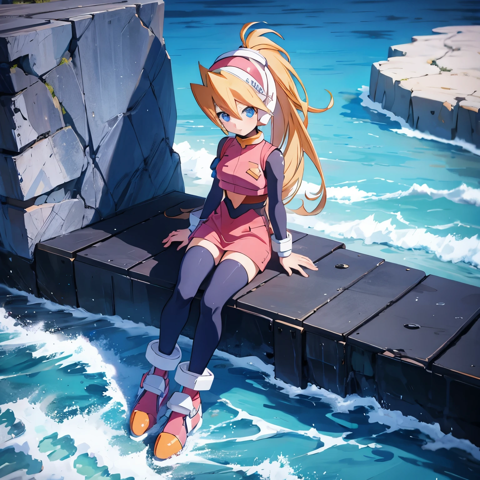 ciel_megamanz, 1girl, solo, long hair, blue eyes, blonde hair, ponytail, headgear, masterpiece, high quality, overlooking the ocean on the edge of a rock, in the style of avian-themed, realistic yet stylized, villagecore, azure, orange and azure, dragoncore, aerial view