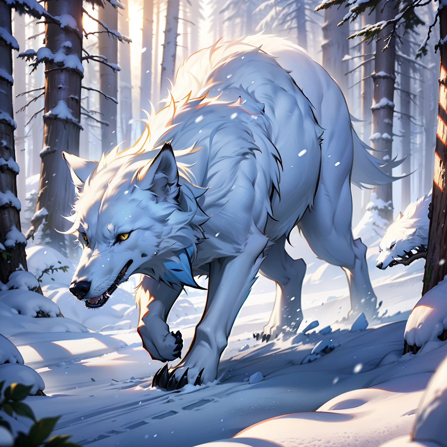 тонкий белый волк, Стройный белый волк, Изображение снежного волка в ледяном сосновом лесу, Ледяной лес, Длинный поток, Падающий снег, реалистичные изображения, Сверхвысокое разрешение, эффект, Детали повсюду