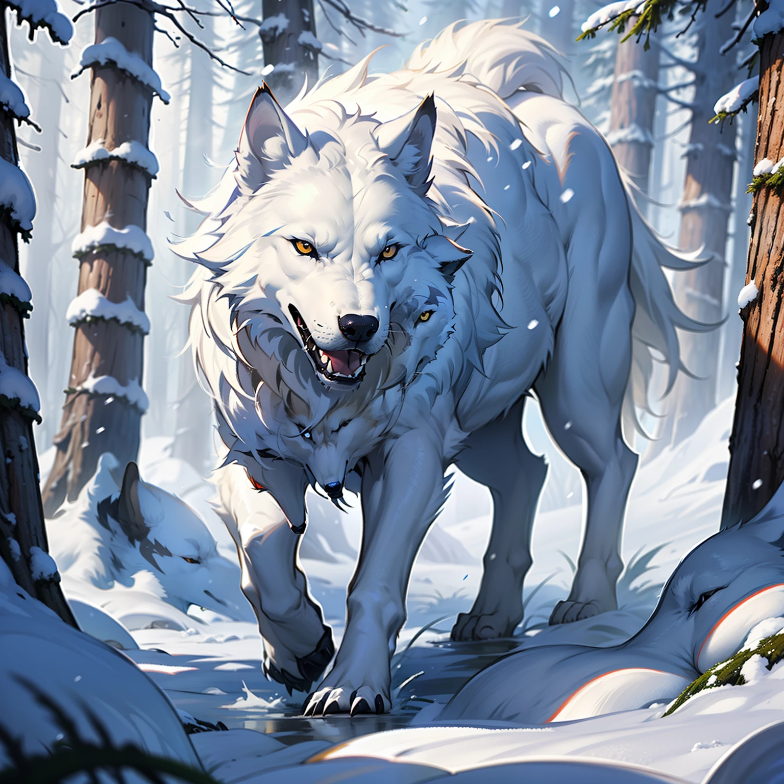 тонкий белый волк, Стройный белый волк, Изображение снежного волка в ледяном сосновом лесу, Ледяной лес, Длинный поток, Падающий снег, Реалистичные изображения, Сверхвысокое разрешение, эффект, Детали повсюду