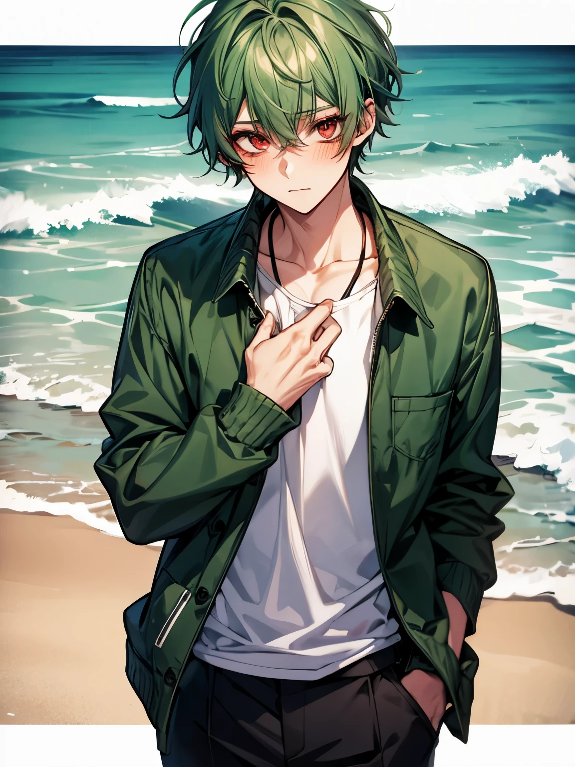 Anime boy with green hair and sunglasses standing on the beach - SeaArt AI