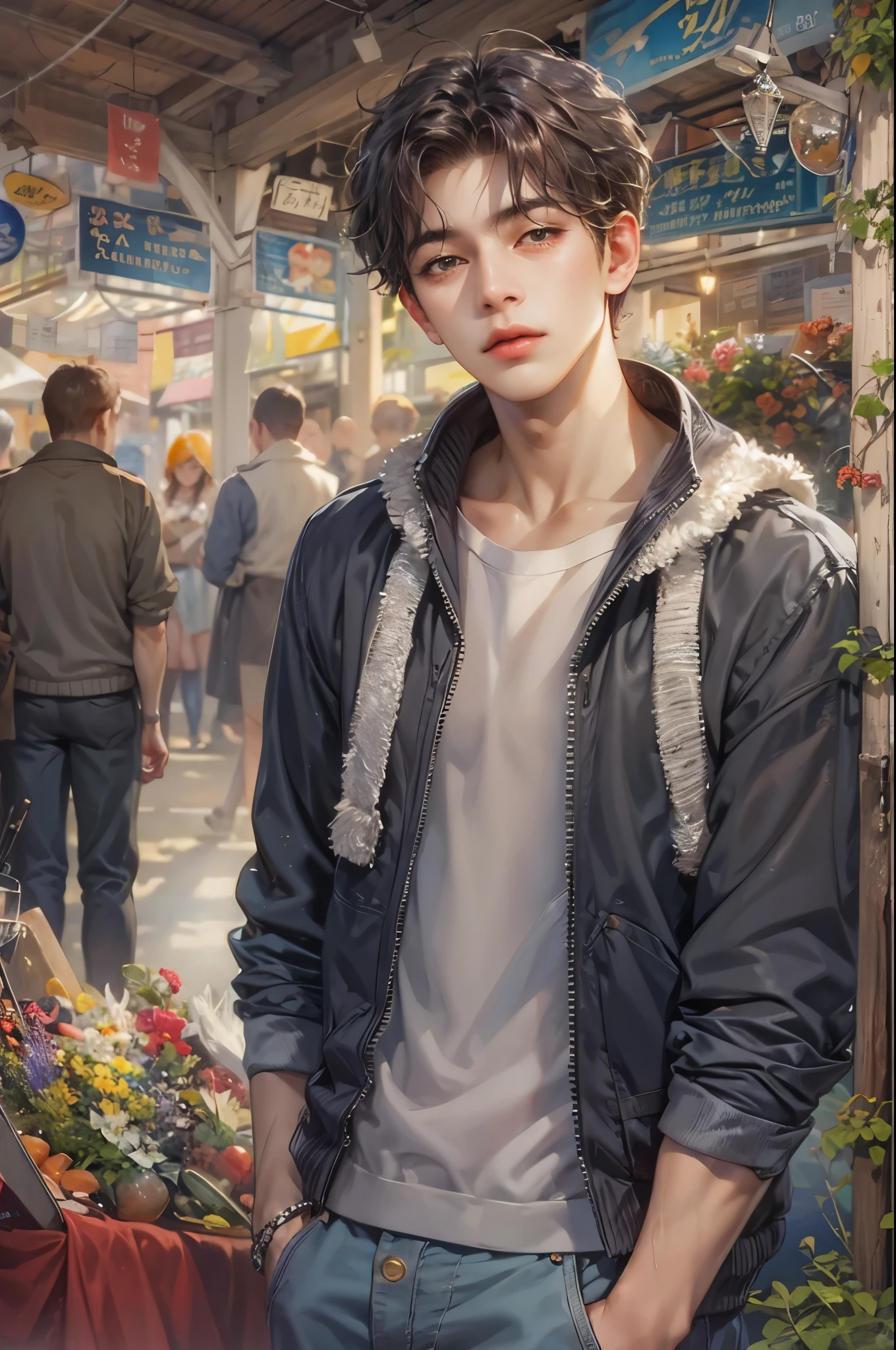 ((Best quality)), ((masterpiece)), (detailed), ((perfect face)), ((halfbody)) handsome face, male, teen boy,  perfect proportions , an artwork created by nardack, casual outfit, detailed market interior scenery background 