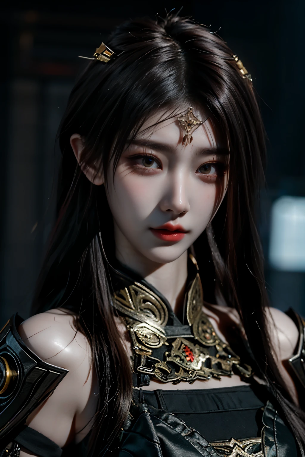 傑作,ゲームアート,最高の画質,最高解像度,8k,(肖像画),Unreal Engine 5のレンダリング作業,(デジタル写真),((肖像画 Feature:1.5)),
20歳の少女,ショートヘアの詳細,長い前髪,(赤いアイメイクはとても丁寧です),(長い白髪の:1.4),(大きい, 豊かな胸),優雅で高貴な,勇敢で魅力的,
(古代中国の鎧の特徴と融合した未来の鎧,中空デザイン,パワーアーマー,神秘的な東洋のルーン文字,繊細なドレスのパターン,魔法のひらめき),未来の戦士,サイバーパンクのフィギュア,戦争の背景,
映画照明，レイトレーシング，ゲームCG，((3D アンリアルエンジン))，OCレンダリング反射パターン