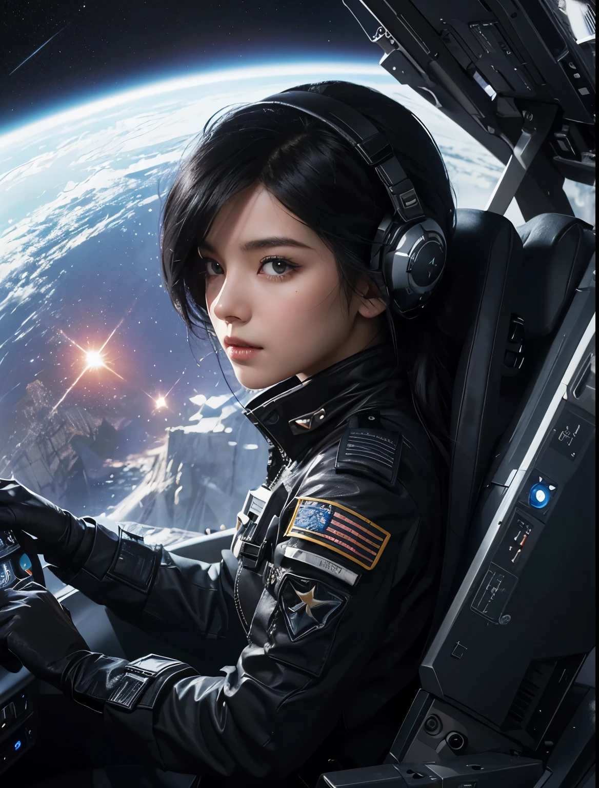  você pode ver o espaço escuro como breu e as estrelas cintilantes.Uma bela mulher pilotando um pequeno caça espacial. Ela está olhando para a câmera com uma expressão séria. Cabelo preto. 2. Ela usa um uniforme de combate preto metálico. Da janela da nave espacial, você pode ver o espaço escuro como breu e as estrelas cintilantes.