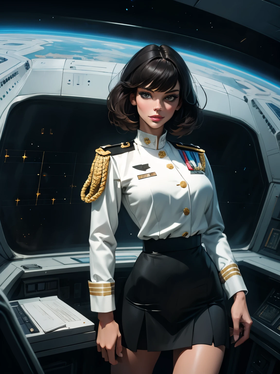 (highest resolution, distinct_image), best quality, masterpiece, highly detailed, semi realistic, a woman with short black hair, mature woman, triple bangs, black uniform, black pleated skirt, military uniform, medals, magnificent military uniform, beautiful woman, spaceship space, control room, commander