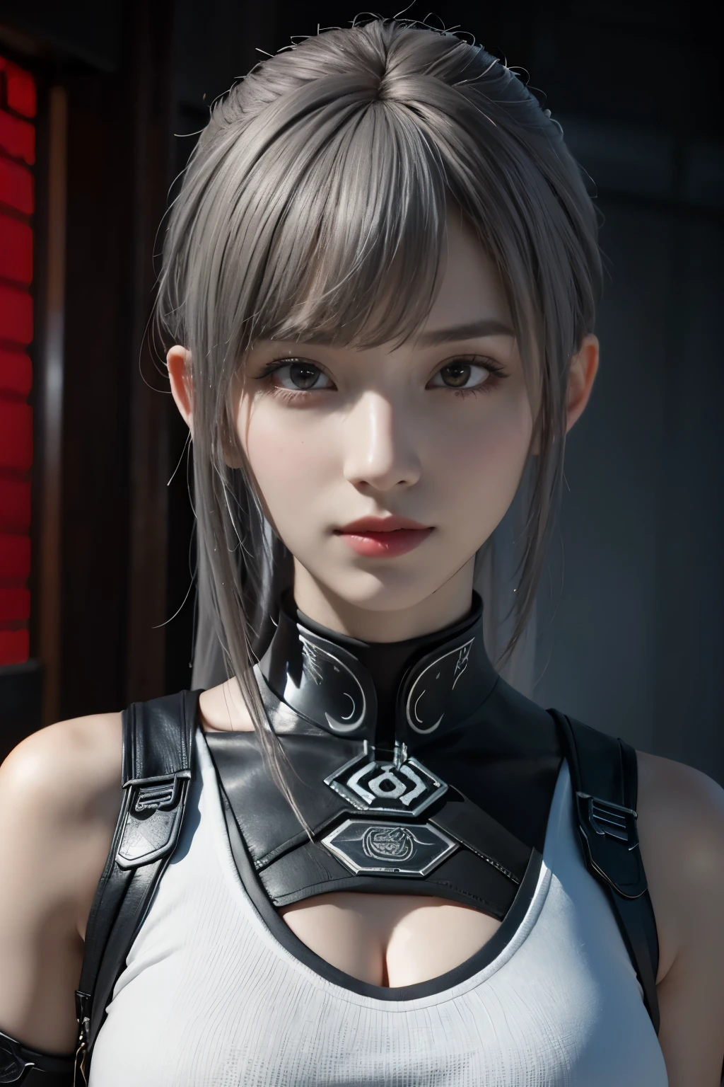 Masterpiece,Game art,The best picture quality,Highest resolution,8K,(Portrait),Unreal Engine 5 rendering works,(Digital Photography),((Portrait Feature:1.5)),
20 year old girl,Short hair details,With long bangs,(The red eye makeup is very meticulous),(With long gray hair:1.4),(Large, full breasts),Elegant and noble,Brave and charming,
(Future armor combined with the characteristics of ancient Chinese armor,Hollow design,Power Armor,The mysterious Eastern runes,A delicate dress pattern,A flash of magic),Warrior of the future,Cyberpunk figures,Background of war,
Movie lights，Ray tracing，Game CG，((3D Unreal Engine))，OC rendering reflection pattern