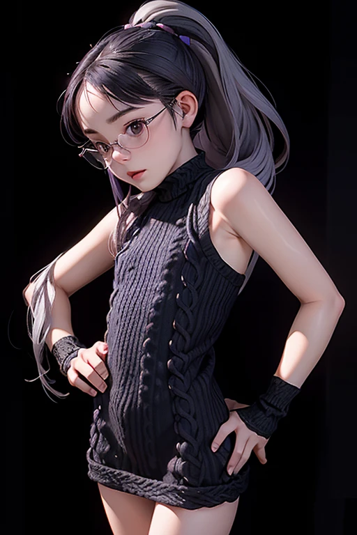 Detailed,8K, detailed shadow, Black background, Cute Girl, pale skin, , Narrow waist, flat chest, Small breasts, Purple eyes, embarrassed, Gray hair, absurdly long hair, Wavy Hair, Ponytail, (Knitted mini dress that kills virgins:1.3), eye glasses,