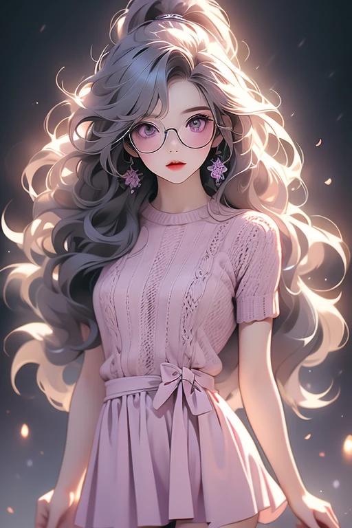 Detailed,8K, detailed shadow, Black background, Cute Girl, pale skin, , Narrow waist, flat chest, Small breasts, Purple eyes, embarrassed, Gray hair, absurdly long hair, Wavy Hair, Ponytail, (Knitted mini dress that kills virgins:1.3), eye glasses,