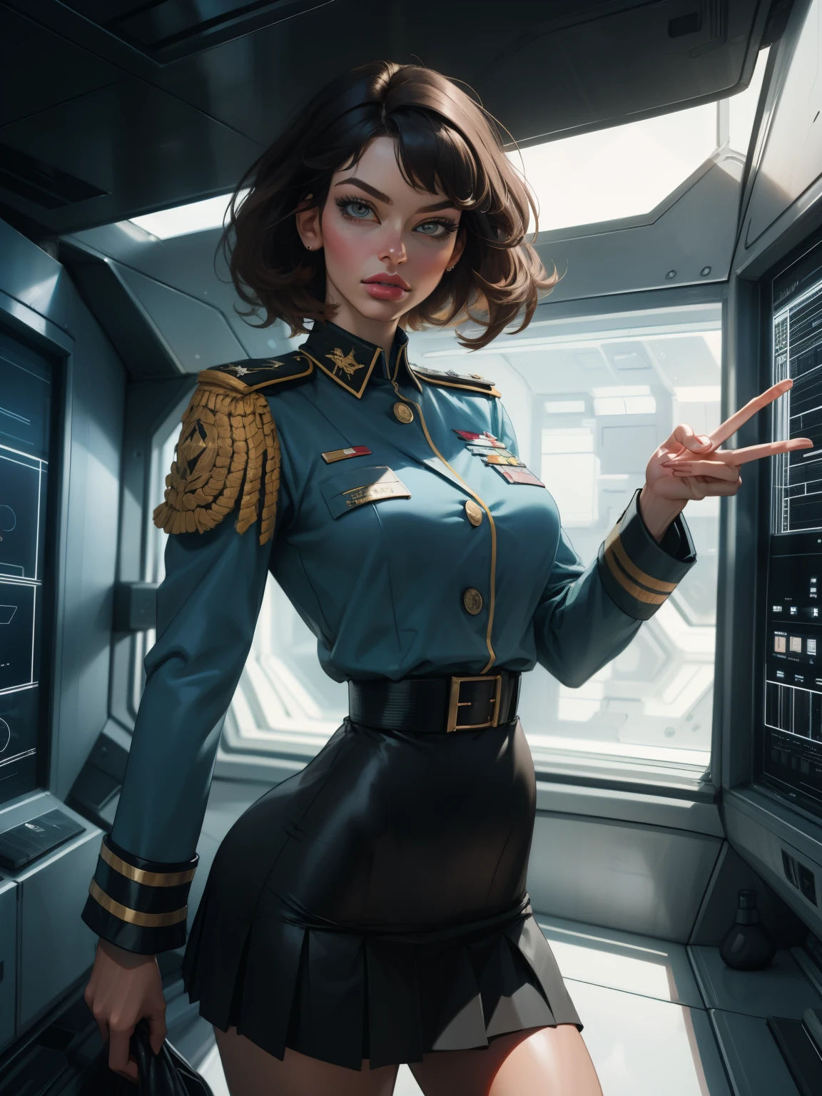 (highest resolution, distinct_image), best quality, masterpiece, highly detailed, semi realistic, a woman with short black hair, mature woman, triple bangs, black uniform, black pleated skirt, military uniform, medals, magnificent military uniform, beautiful woman, spaceship space, control room, commander