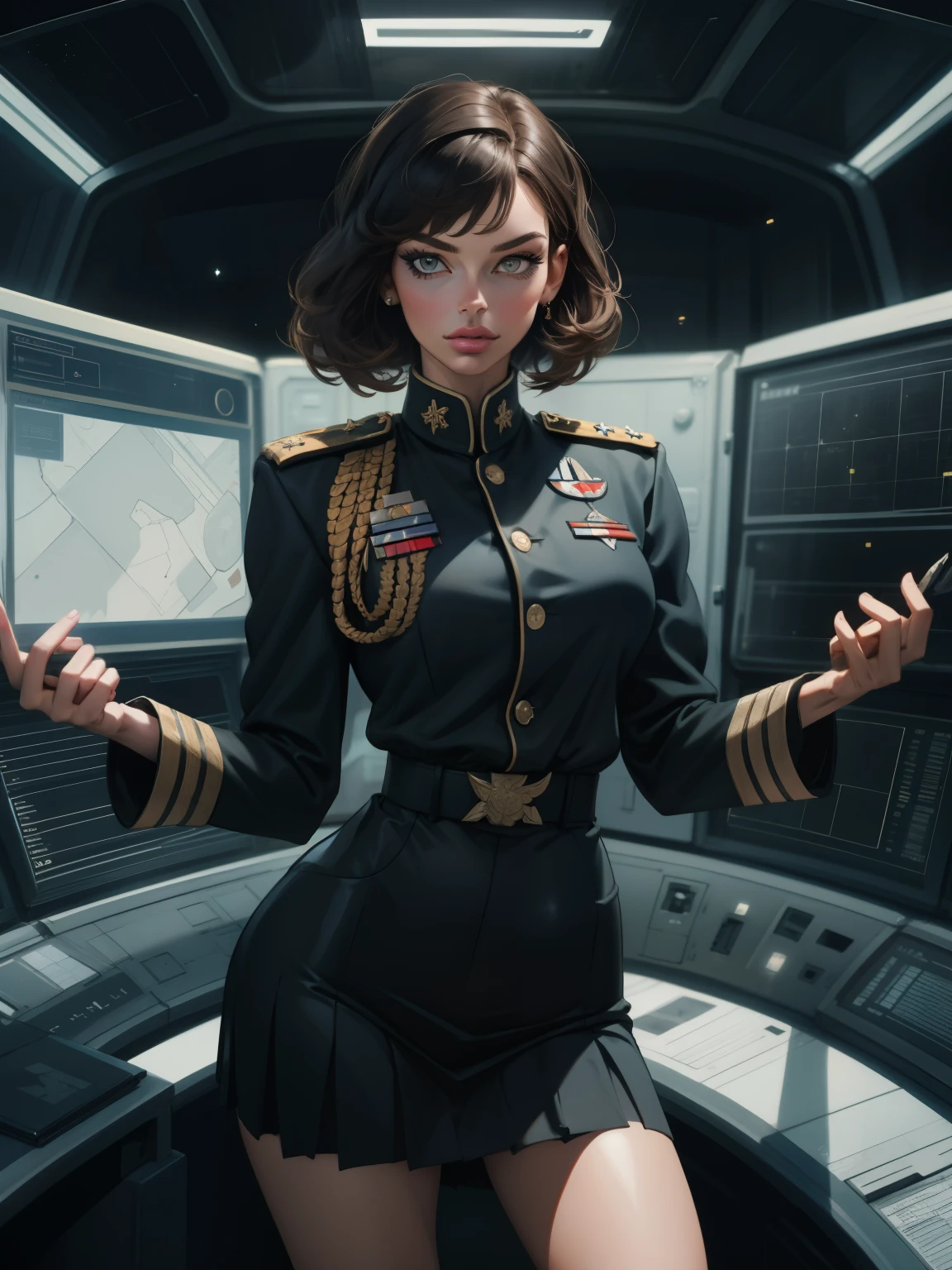 (highest resolution, distinct_image), best quality, masterpiece, highly detailed, semi realistic, a woman with short black hair, mature woman, triple bangs, black uniform, black pleated skirt, military uniform, medals, magnificent military uniform, beautiful woman, spaceship space, control room, commander