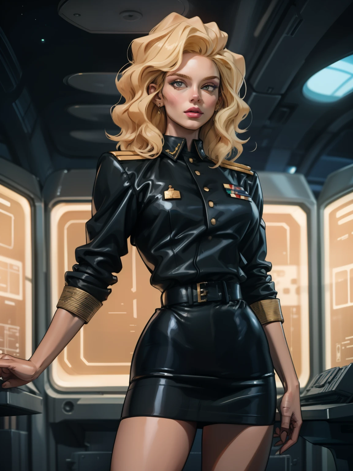 (highest resolution, distinct_image), best quality, masterpiece, highly detailed, semi realistic, a woman with curly blonde hair, mature woman, voluminous blonde hair, black uniform, black pleated skirt, military uniform, medals, magnificent military uniform, beautiful woman, spaceship space, control room, commander