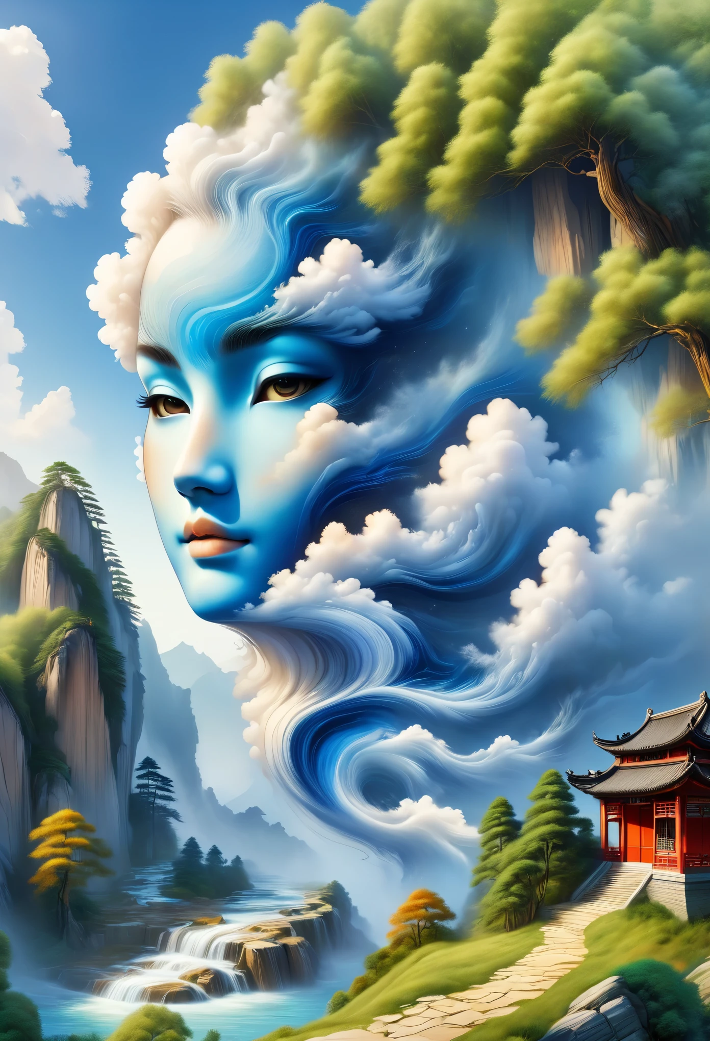 a landscape painting，meticulous painting，Inspired by a thousand miles of rivers and mountains，Fuchun Mountain House Map，Expression techniques of cirrus clouds，flat illustration，traditional Chinese painting，Chinese landscape painting，ancient chinese architecture，cloud，vertical waterfall on cliff，Vigorous pine trees，fall，Takayama，wonderland，dangerous situation，Danger，3D face mask，black：1.37，mineral pigments，Ultramarine blue，Tracing gold，Clear outline，sketched，Dry drawing method