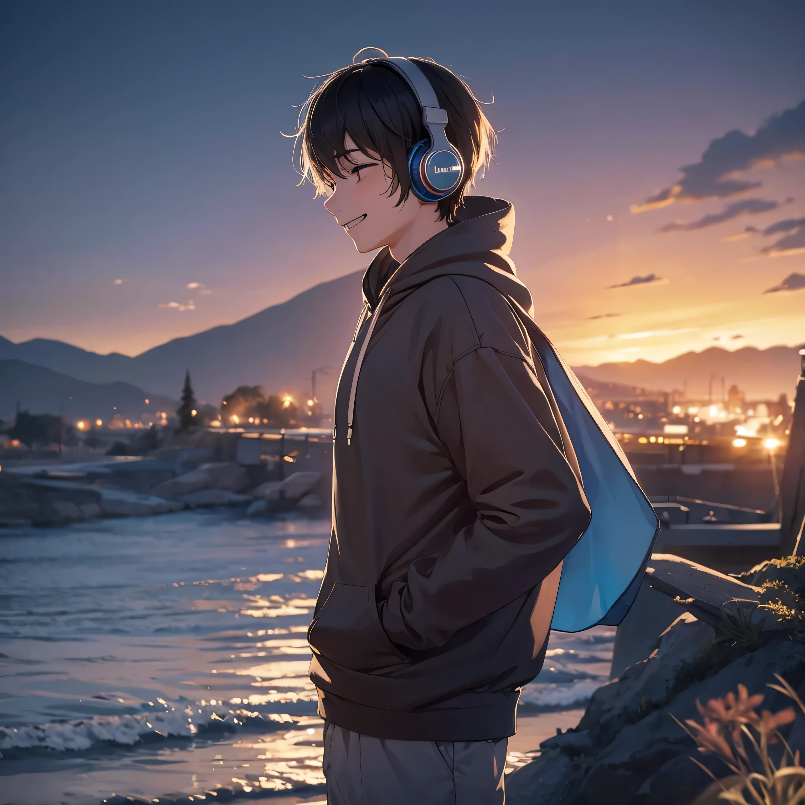  boy hearing songs from headphones , depressed , smiling , nature at night background , hoodie