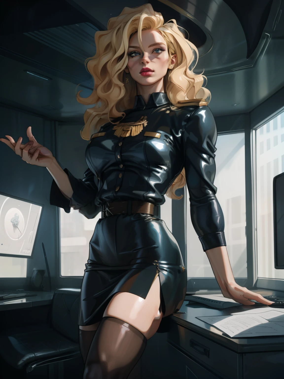 (highest resolution, distinct_image), best quality, masterpiece, highly detailed, semi realistic, a woman with curly blonde hair, mature woman, voluminous blonde hair, long hair, black uniform, black pleated skirt, military uniform, medals, magnificent military uniform, beautiful woman, spaceship space, control room, commander, godlike rays of light, dust particles, sub surface scattering 