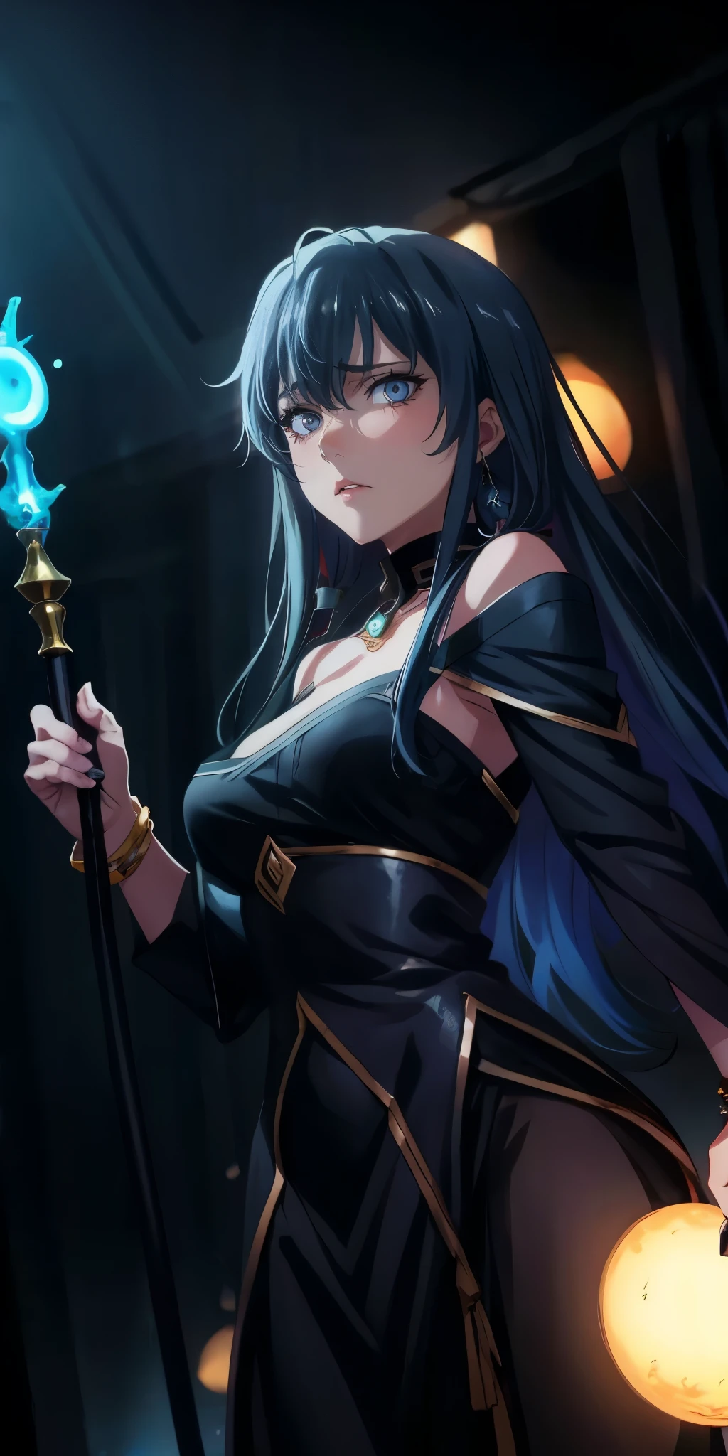 black hair, long hair, yukinoshita yukino, anatomically correct, best quality, masterpiece, high quality, high details, highres, HD, (shaded face:1.2), huge breasts, sagging breasts, staff, lips, bracelet, jewelry,  breasts, looking_at_viewer, standing, nose, black_dress, hair_over_shoulder, grey eyes, hollow eyes, lips, sad expression, gloomy expression, glowing eyes,