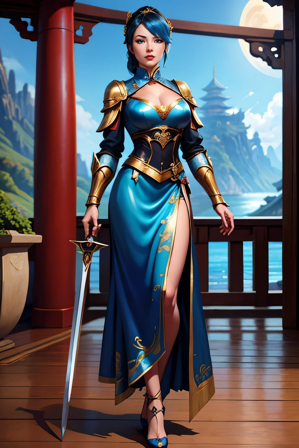 a close up of a short amazon woman in her 30's, with blue eyes and ocean blue hair, wearing a blue and black victorian ballgown dress, an empress with blue eyes, female swordswoman, chinese princess, standing in a chinese temple, new costume concept design, in the style of blade and soul, full body character concept, detailed character design, inspired by Yang Jin, inspired by Li Mei-Shu, lunar themed attire, costume with gold accents, inspired by Ju Lian, colored concept art, highly detailed character design, highly detailed face, inspired by Ai Xuan, very highly detailed face, unreal engine render, final fantasy 14 style