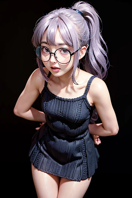 Detailed,8K, detailed shadow, Black background, Cute Girl, pale skin, , Narrow waist, flat chest, Small breasts, Purple eyes, embarrassed, Gray hair, absurdly long hair, Wavy Hair, Ponytail, (Knitted mini dress that kills virgins:1.3), eye glasses,