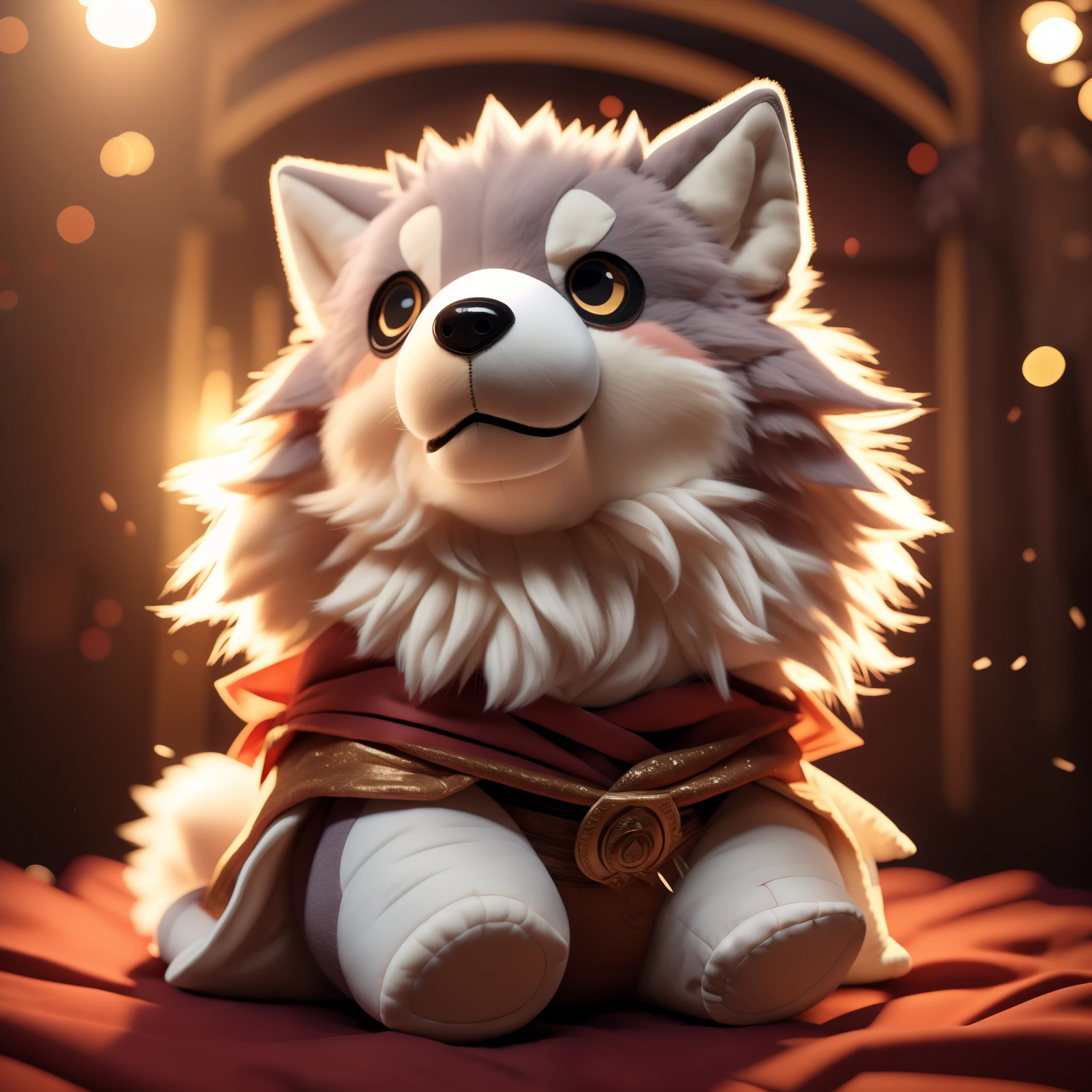 absurdres, Perfect Anatom, (ultra detailed), sharp focus, niji, eyesgod, black eye, furry, light-white fur, brown fur, white beard, anthro (wolf), male, middle-aged, gray body, white belly, tail, muscular, knight costume, long red cherry cloak, ultra detailed face, depth of field, motion blur, high details, high quality, award winning, HD, 16k, (best quality,4k,8k,highres,masterpiece:1.2),ultra-detailed,realistic:1.37,HDR,UHD,studio lighting,extreme detail description,professional,vivid colors,bokeh,lively atmosphere, natural lighting, (close up:1.5), ((chibi character)), (chibi:1.2), ((plushie:1.3)), plushie doll, plushie pillow, (fluffy:1.3), ((reallistic)), cute, (cotton texture:1.3), by takemoto arashi, by kamyuel, by milkytiger1145, (simple background)