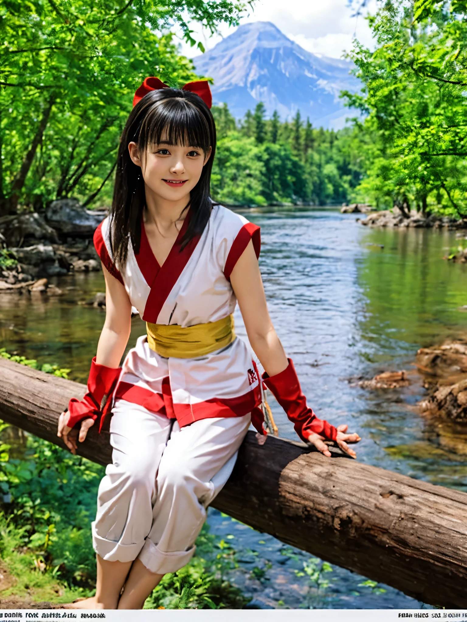 masterpiece, highest quality,1 girl, sitting on a log, lake under the log, red bow, bow, long hair, hair bow, Ainu costumes, alone, hair band, bird, black hair, fingerless gloves, short sleeve, gloves, sash, pants, bangs, red hair band, arms, chest, brown eyes, white pants, barefoot, toes, kimono, confused, official art,