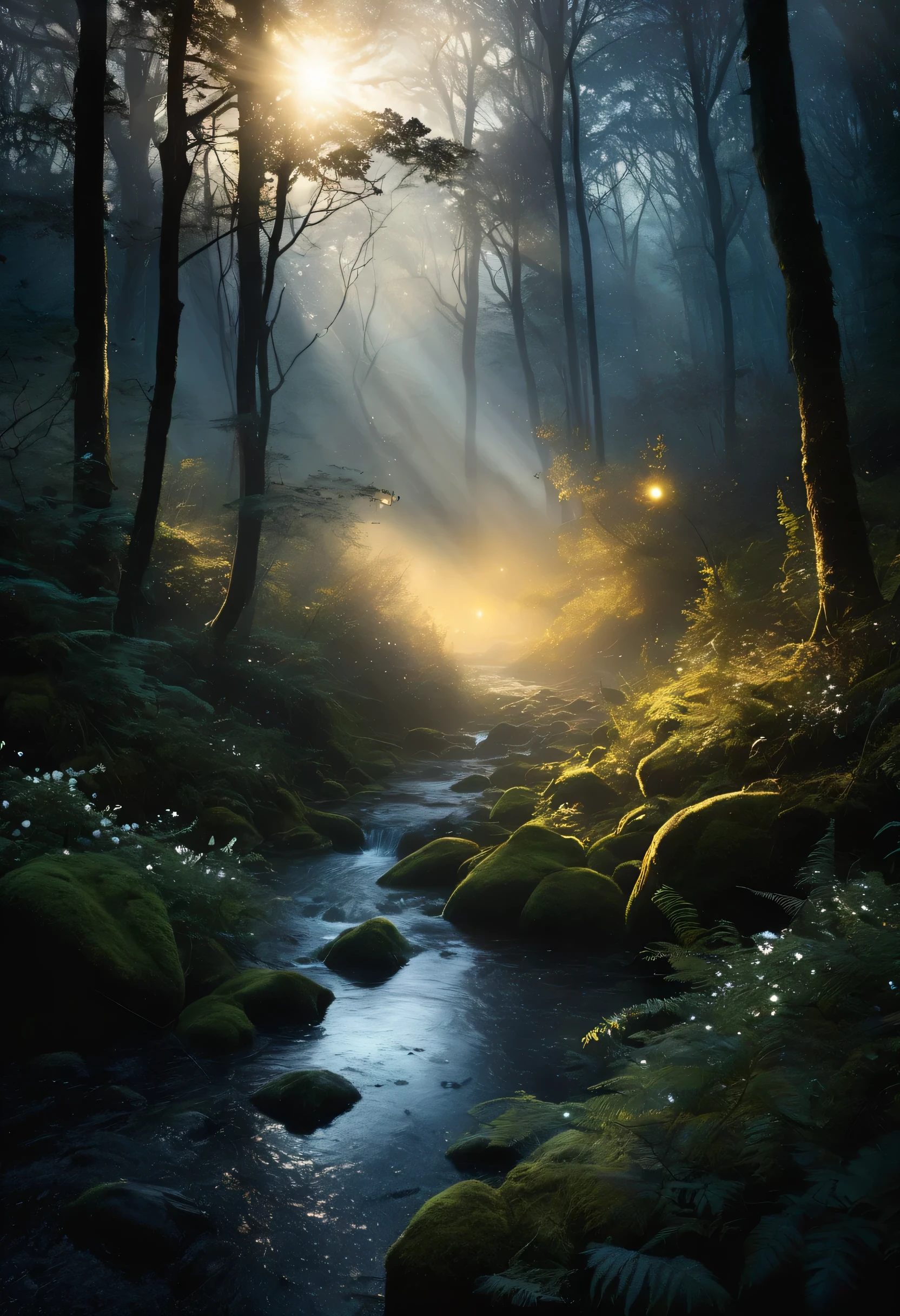 monde sombre et fantastique où la poussière scintille magnifiquement sous l&#39;effet Tyndall, au milieu d&#39;une forêt dense, coeur sombre et enchanté, L&#39;effet Tyndall donne vie aux particules de poussière, de la poussière banale dans un affichage éblouissant, au décor déjà fantastique souhaite, le soleil se couche et l&#39;obscurité descend sur, scène d&#39;une beauté envoûtante,