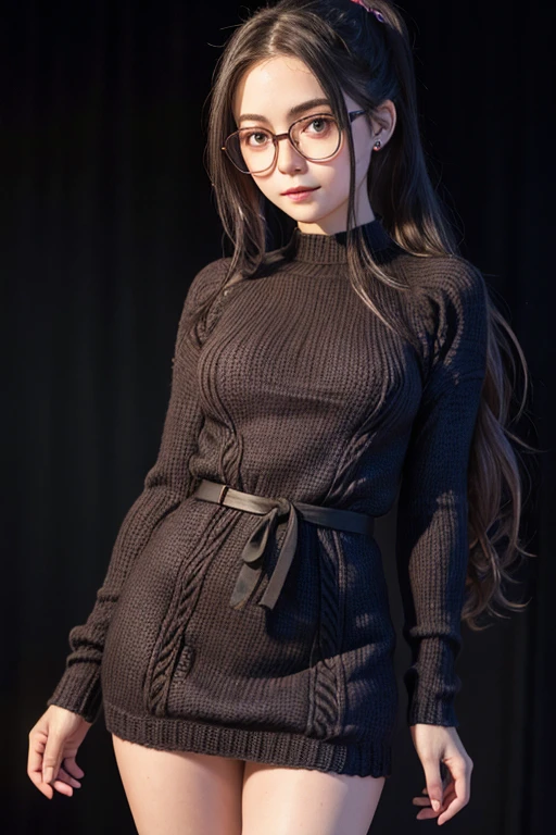 Detailed,8K, detailed shadow, Black background, Cute Girl, pale skin, , Narrow waist, flat chest, Small breasts, Purple eyes, embarrassed, Gray hair, absurdly long hair, Wavy Hair, Ponytail, (Knitted mini dress that kills virgins:1.3), eye glasses,