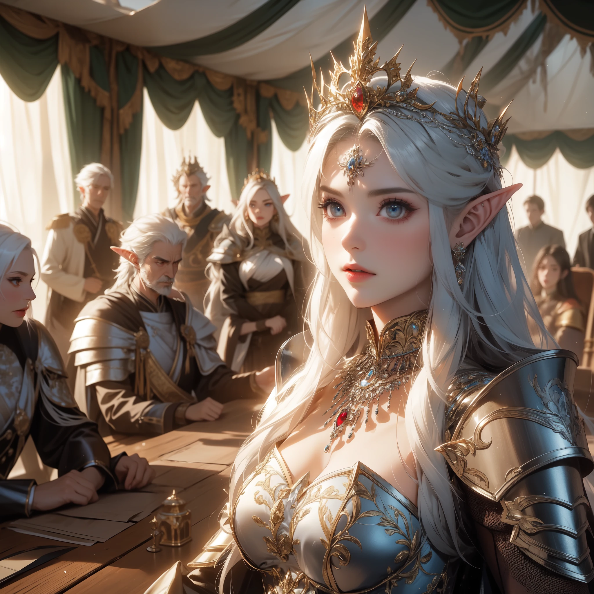 The elven queen, exuding the majestic aura of her regalia and crown that symbolize her authority, stands with beautiful white hair and piercing blue eyes, dressed in knightly attire. She presides over a strategy meeting, seated at the center of the table. To her left stands the aide, and to her right stands the general, all gathered around the table as they discuss important matters of the realm, holding a meeting with her generals and aides gathered in the tent at her side. by Artgem, Dynamic shot, Dynamic pose, by Yoshitaka Amano, Mikimoto Haruhiko, frank frazetta, Cinematic Dramatic atmosphere, dark atmosfer, fantasy, 8k.