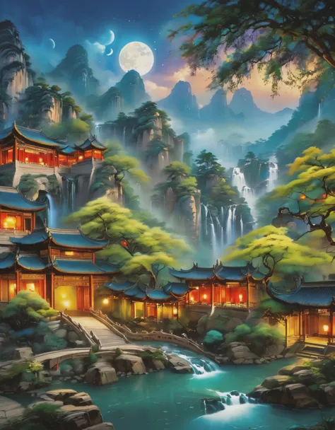 ((diffuse colors)) Ancient Chinese architecture, cool colors, dark night, moon, garden, bamboo, lake, stone bridge, rockery, arc...