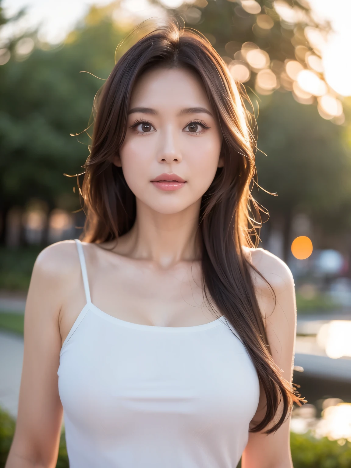 1 Japanese female, 40 years old, very beautiful, (very cute), (Highly detailed beautiful face), wonderful face and eyes, pretty thick hair, different hairstyles, slightly bright eyes, normal makeup, (mini dress with camisole), (highest quality:1.4), (super detailed), Highly detailed CG integrated 8k wallpaper, surreal, (Photoreal:1.4), Raw photo, professional photos, cinematic lighting, realistic portrait, ((Bokeh)), (Depth of the bounds written:1.4), (look at the photographer:1.3), (In a park with a pond), small breasts, Extremely thin waist, (Full body Esbian), accurate eyes, beautiful mouth, (keep your mouth completely closed), (evening:1.3), (look at the camera), (amazing sunset:1.25), sleeveless, melancholy look