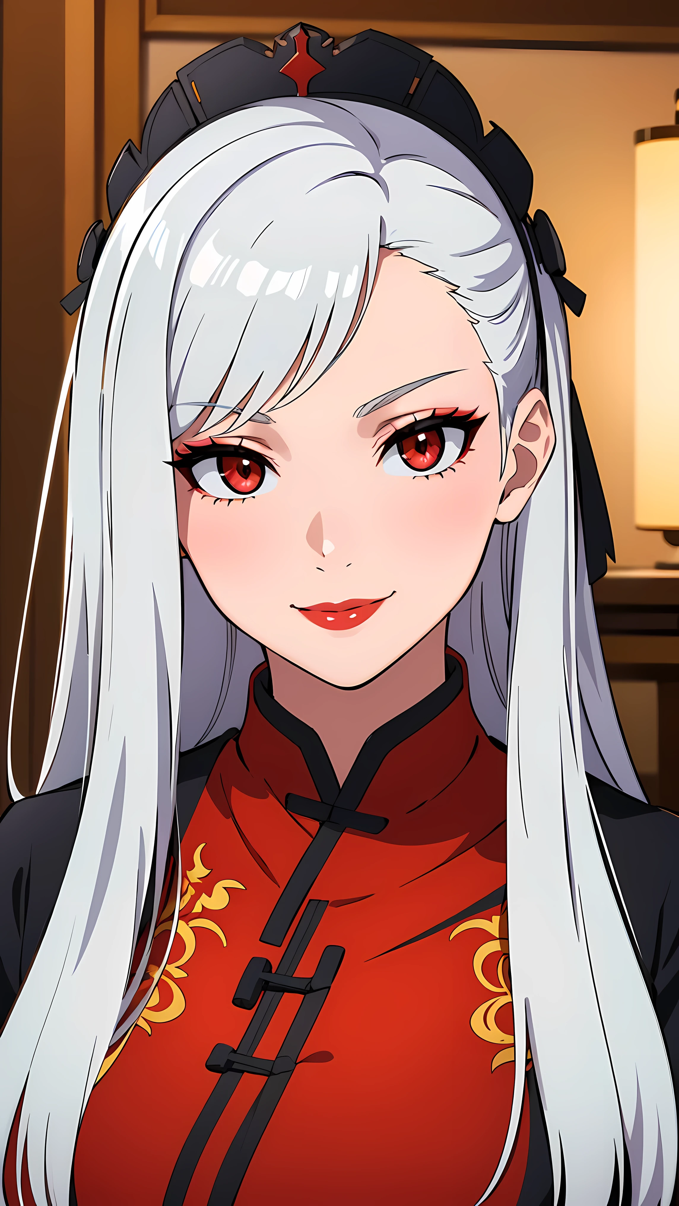 1girl, solo, mature lady, milf, beautiful character design, cg unreal engine, hd, 4k, full shading, perfect shading, professional art, extremely detail character design, a girl with long white hair wearing black chinese dress, happy, smirk, red eyes color, makeup, red lipstick,