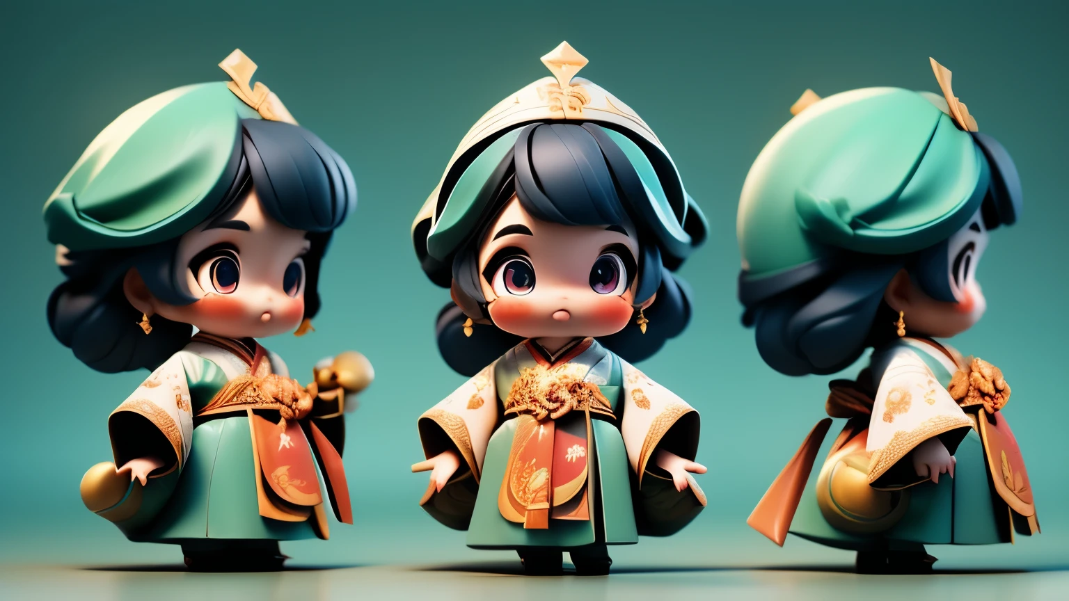 (Best quality, 4k, 8k, highres, masterpiece: 1.2), super detailed, (lifelike, photo-realistic, photo-realistic: 1.37), three views, three heads, China traditional paper-cutting art, beautiful and vivid, lovely mascot dolls, Zhuang traditional costumes, Guangxi March 3rd Festival, cultural festival, cheerful atmosphere, holiday decoration, Dong traditional inspiration. Game characters, character settings, game characters, cartoons, toys, game art, CG illustration, digital art, three views, dark blue costumes.No Korean clothes
