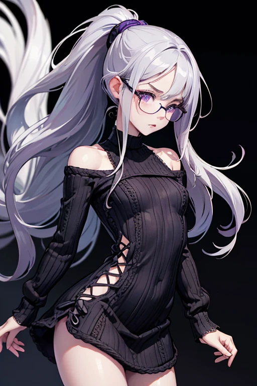 Detailed,8K, detailed shadow, Black background, Cute Girl, pale skin, , Narrow waist, flat chest, Small breasts, Purple eyes, embarrassed, Gray hair, absurdly long hair, Wavy Hair, Ponytail, (Knitted mini dress that kills virgins:1.3), eye glasses,