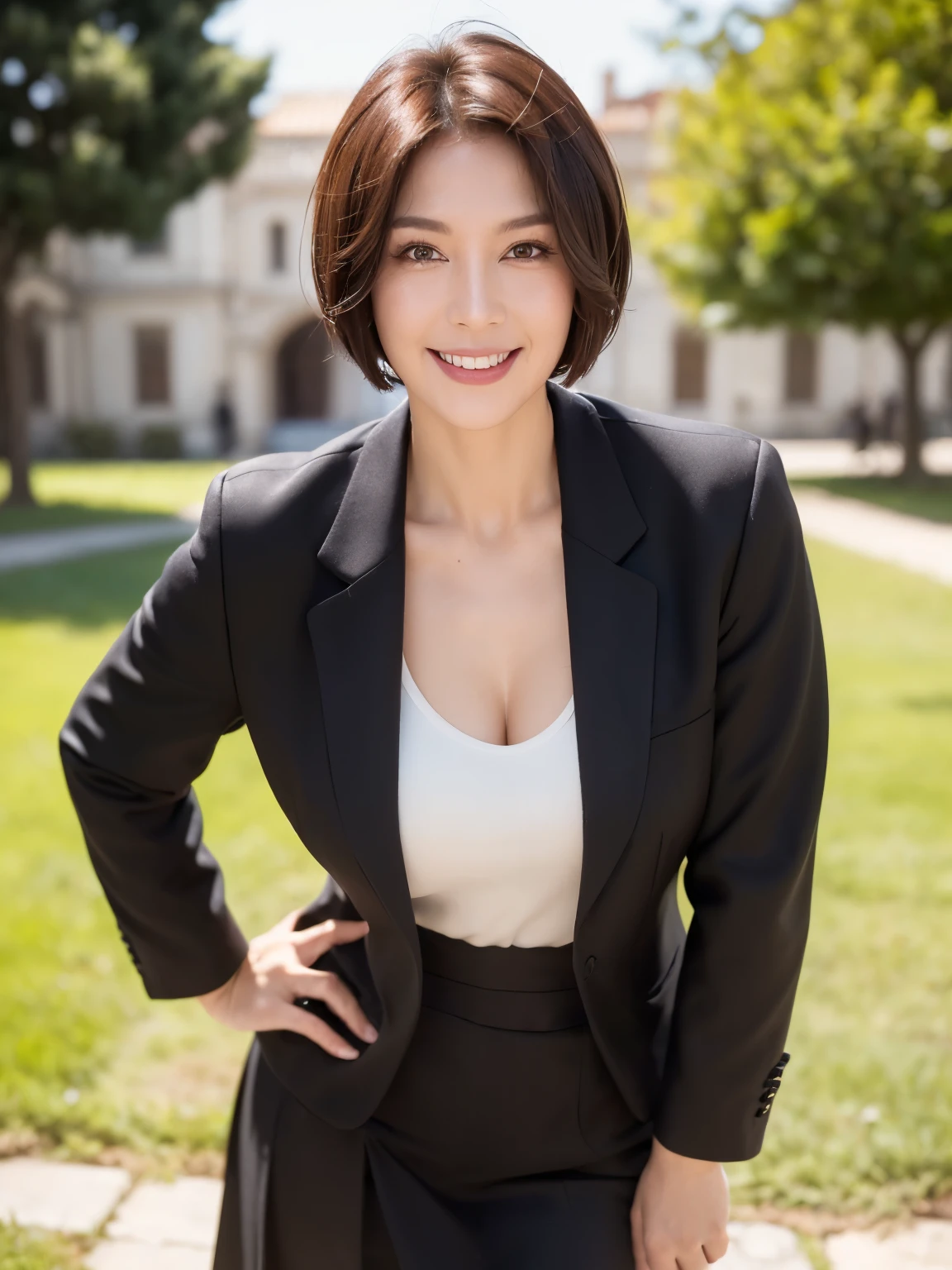 （38 years old), ((black business suit:1.2)),((black wool skirt:1.2))、((wearing a white blouse)),（wearing expensive beer）、 double eyelid, eyelash, Red lip gloss, (smile:1), ((close your eyes:0.85)), (looking at the viewer、Are standing), (From above:0.2)、尖ったred mouth、(reddish brown wet shiny short hair),red mouth,clavicle、 (Photoreal:1.3),(RAW photo）,(woman standing in front of an old castle, Beautiful lawn, Squirting, Bright sunlight in the city of Modena, Italy) , 8k, Super detailed, highest quality, rough skin, anatomically correct, masterpiece , highest quality, cinematic lighting, Use perspective throughout , surrealism , ,(realistic:1. 3),(RAW photo) , black hair, light smile, short hair, bob cut, anaglyph, stereogram, (mature woman:1), (38 years old), ((close:0.5)), glare, double eyelids, lip gloss, (smile:1), ((close your eyes:0.85)), red mouth, clavicle, ((looking at the viewer)), (short hair of reddish-brown color wet and shiny,), (I can see the whole body) , Slightly thick body type , opened my eyes wide. , perfectly round eyes , fine texture