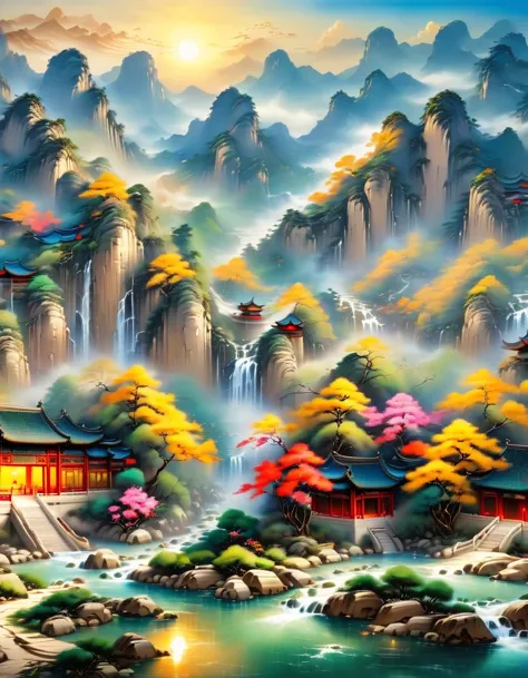 (best picture quality，8k，high resolution，masterpiece)，super detailed，，Chinese landscape painting summer，Sunlight，Good boy，Kaneko...