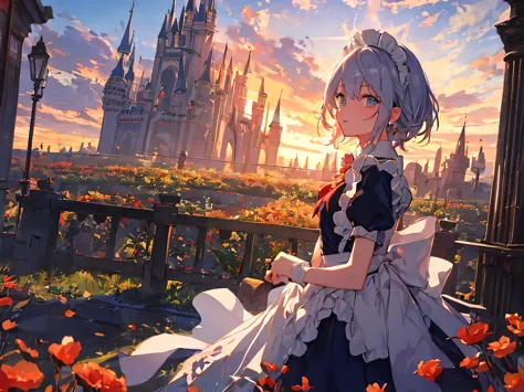 masterpiece, concept art, A girl standing in a flower field with a castle in the background, Introduced on pixiv, animated disne...