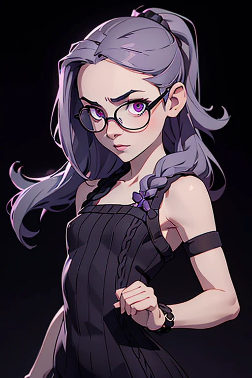 Detailed,8K, detailed shadow, Black background, Cute Girl, pale skin, , Narrow waist, flat chest, Small breasts, Purple eyes, embarrassed, Gray hair, absurdly long hair, Wavy Hair, Ponytail, (Knitted mini dress that kills virgins:1.3), eye glasses,