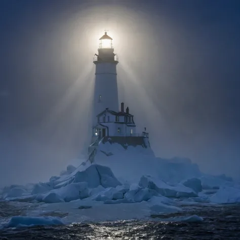 High Resolution, High Quality, Masterpiece. Heavy fog . Night. The expanding bright beam of the searchlight from the lighthouse ...