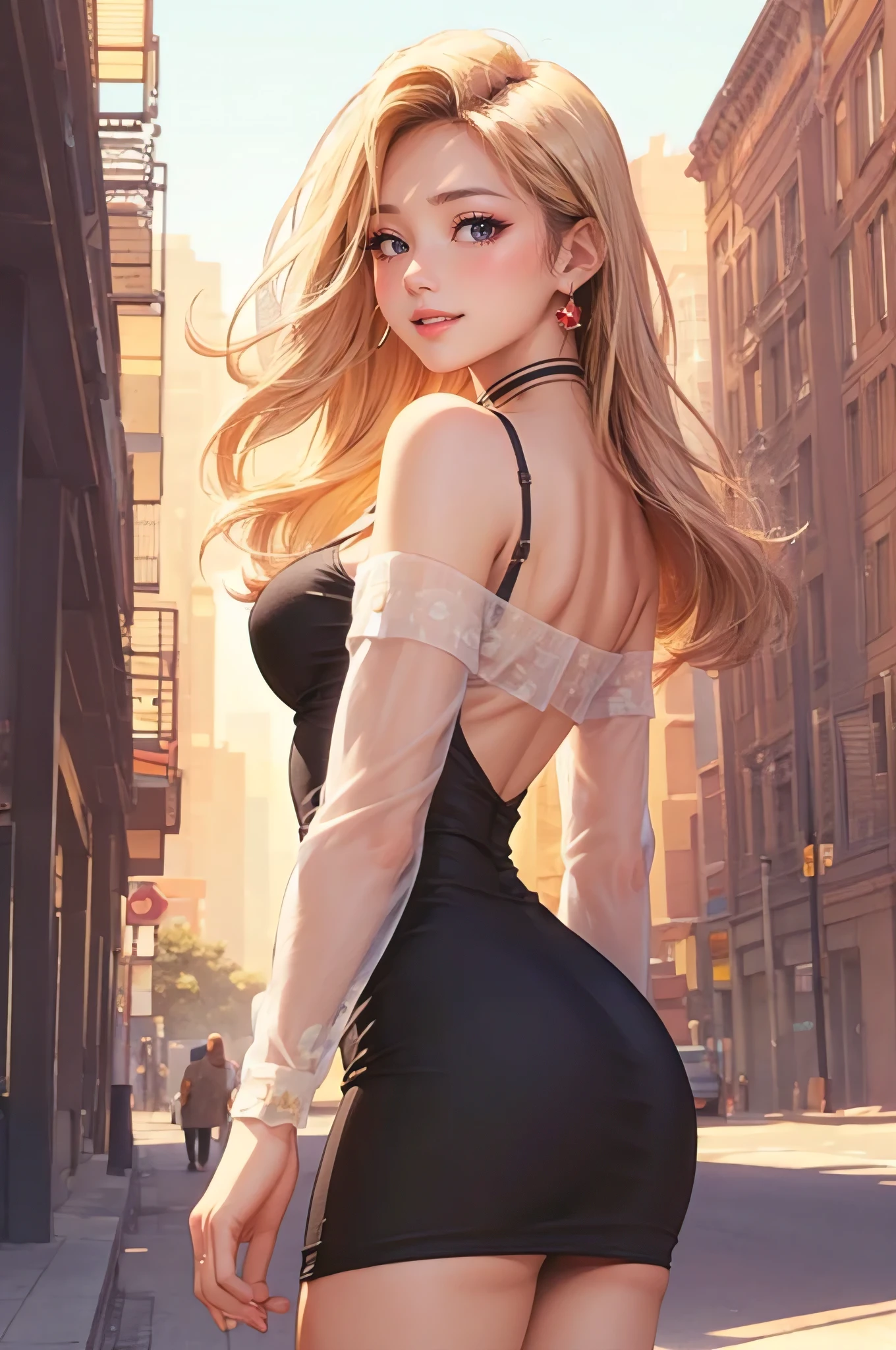 (best quality, masterpiece:1.2), perfect body, nice breasts, nice ass, big gorgeous eyes, full luscious lips, smile, parted lips, (bare back printed minidress), walking pose, city streets, retrofuturistic, clean lines, vibrant, perfect illustration