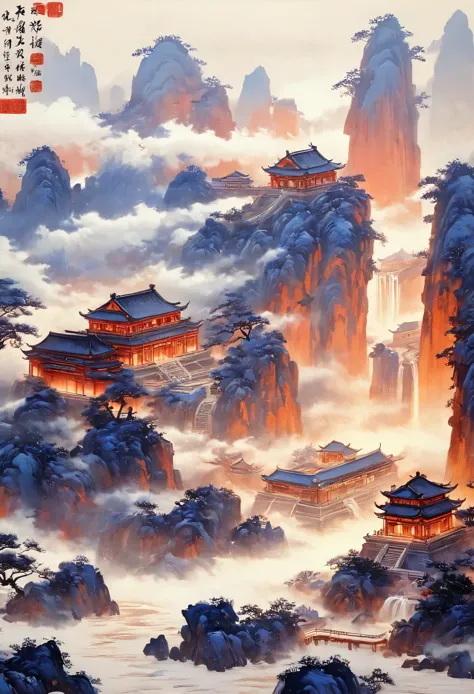 A majestic landscape painting，meticulous painting，Inspired by a thousand miles of rivers and mountains，Fuchun Mountain House Map...