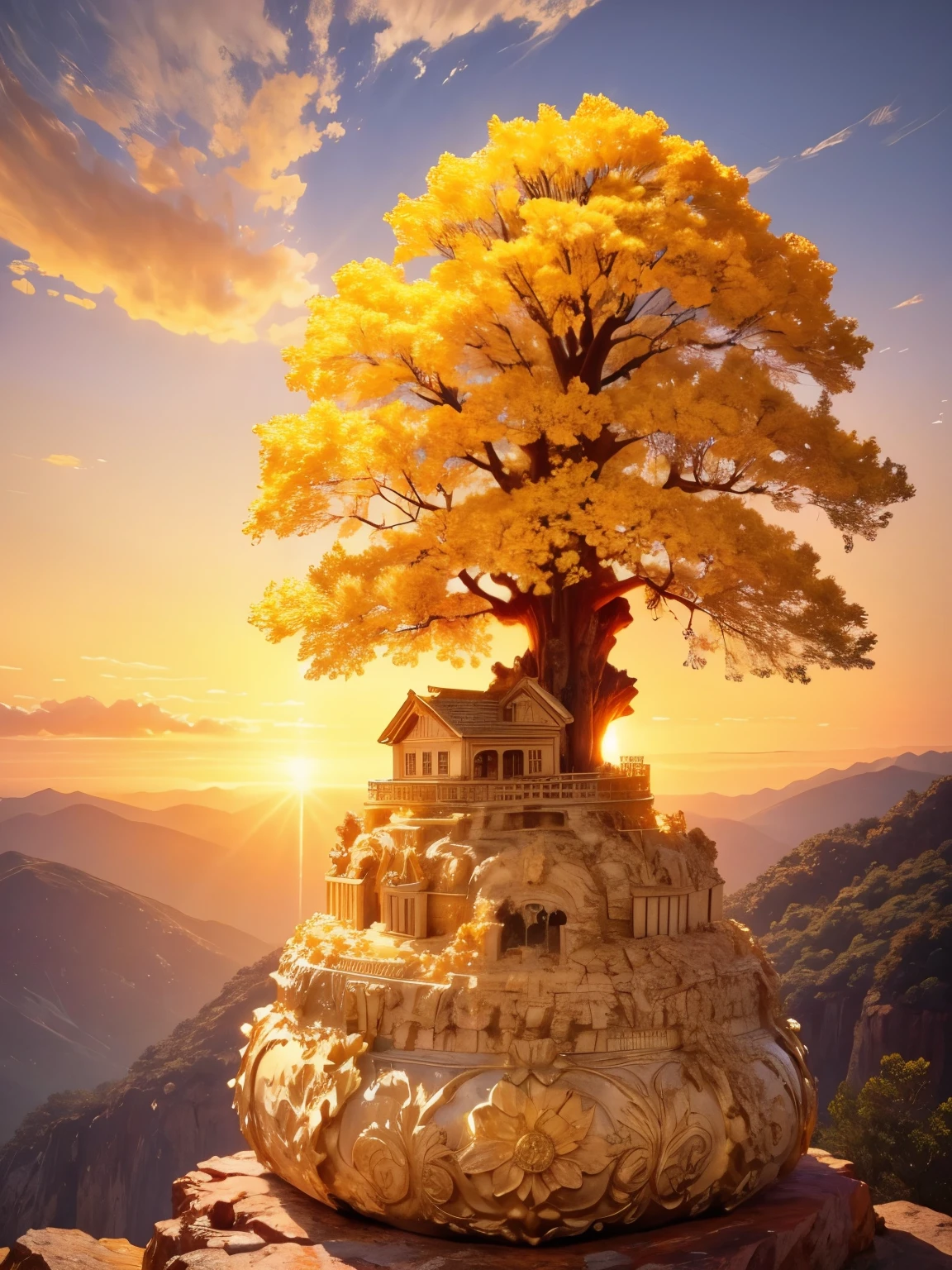 (masterpiece, best quality:1.2), Money tree on the top of the mountain，The sun shines on the money tree（ （（Sunset））），light warm（ （（充满阳光元素的masterpiece）））（（best quality））， （（intricate details））（8k）