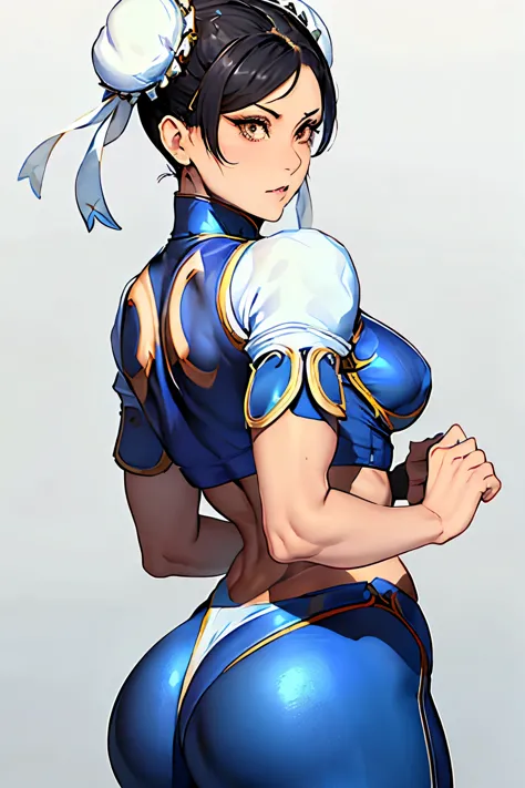 Chun Li, the sole martial arts master, ultra-detailed and rendered in 8K, with a granular angle, is dressed in a fitting white s...