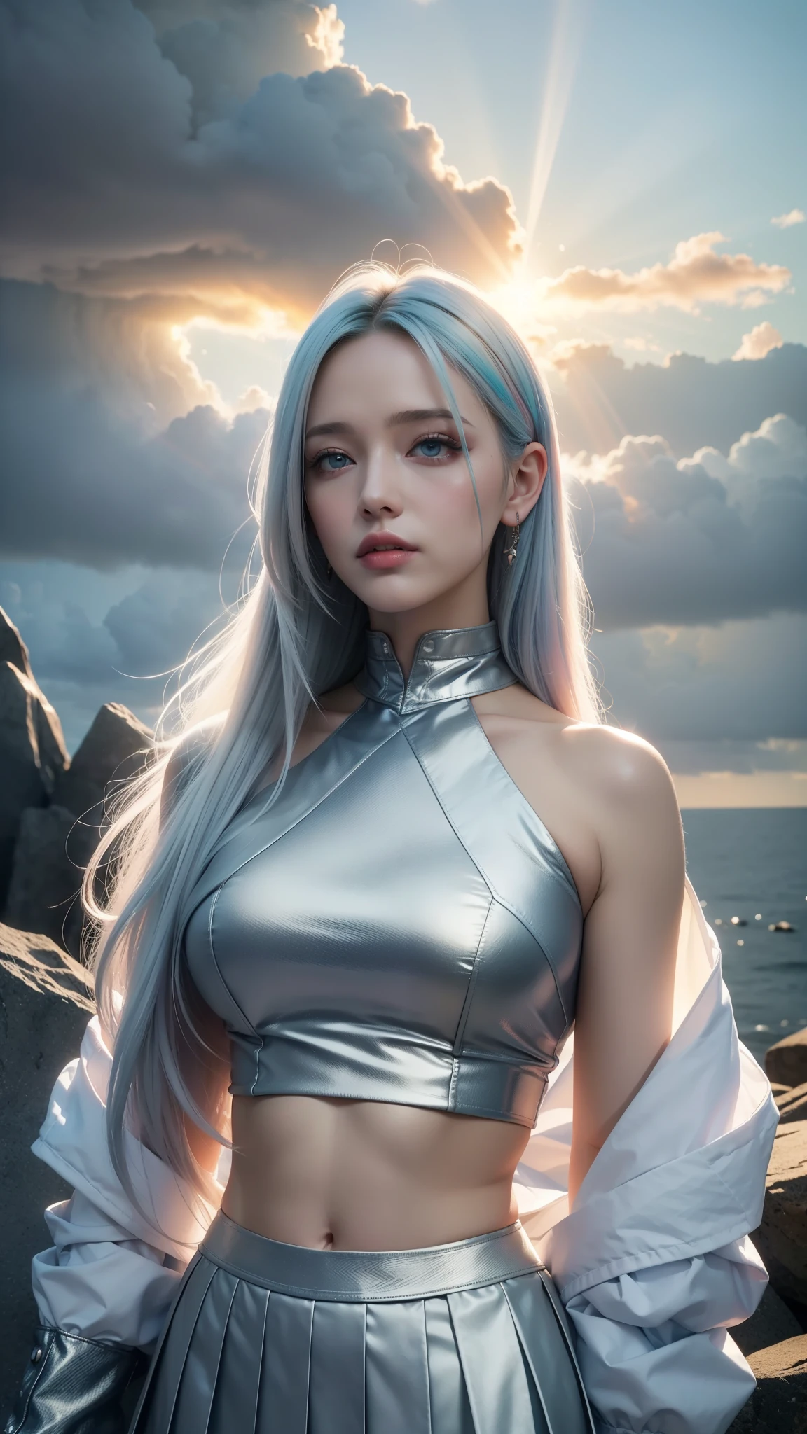 (masterpiece), the best quality, reflection light, Ultra-Wide Angle, beautiful Cloudy sky, girl, platinum blonde hair with light blue tips, multicolored hair, colored inner hair, full details white long sleeve crop top, pleated skirt, hourglass body shape, professional, Extremely aesthetic, (immersive), (cool), stylish, Extremely detailed realistic clothing, ((Cloudy sky, The sky is covered with clouds, Sunlight breaking through the cloud, Tyndall Effect, Sunlight breaking through the clouds as background, high quality, high details background)), fantasy art style, high quality detailed art, fantasy mixed with realism, detailed face, glossy lips, eyeshadow, lipstick, upper body, wide shot, platinum and white color schemes,