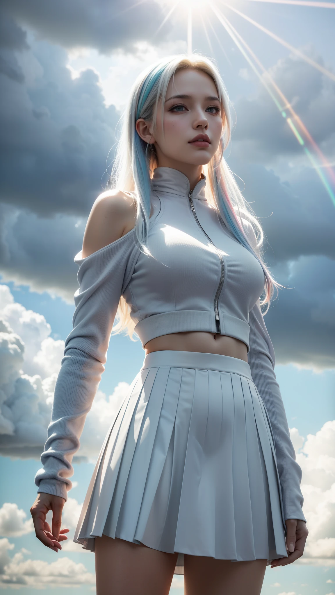 (masterpiece), the best quality, reflection light, Ultra-Wide Angle, beautiful Cloudy sky, girl, platinum blonde hair with light blue tips, multicolored hair, colored inner hair, full details white long sleeve crop top, pleated skirt, hourglass body shape, professional, Extremely aesthetic, (immersive), (cool), stylish, Extremely detailed realistic clothing, ((Cloudy sky, The sky is covered with clouds, Sunlight breaking through the cloud, Tyndall Effect, Sunlight breaking through the clouds as background, high quality, high details background)), fantasy art style, high quality detailed art, fantasy mixed with realism, detailed face, glossy lips, eyeshadow, lipstick, upper body, wide shot, platinum and white color schemes,