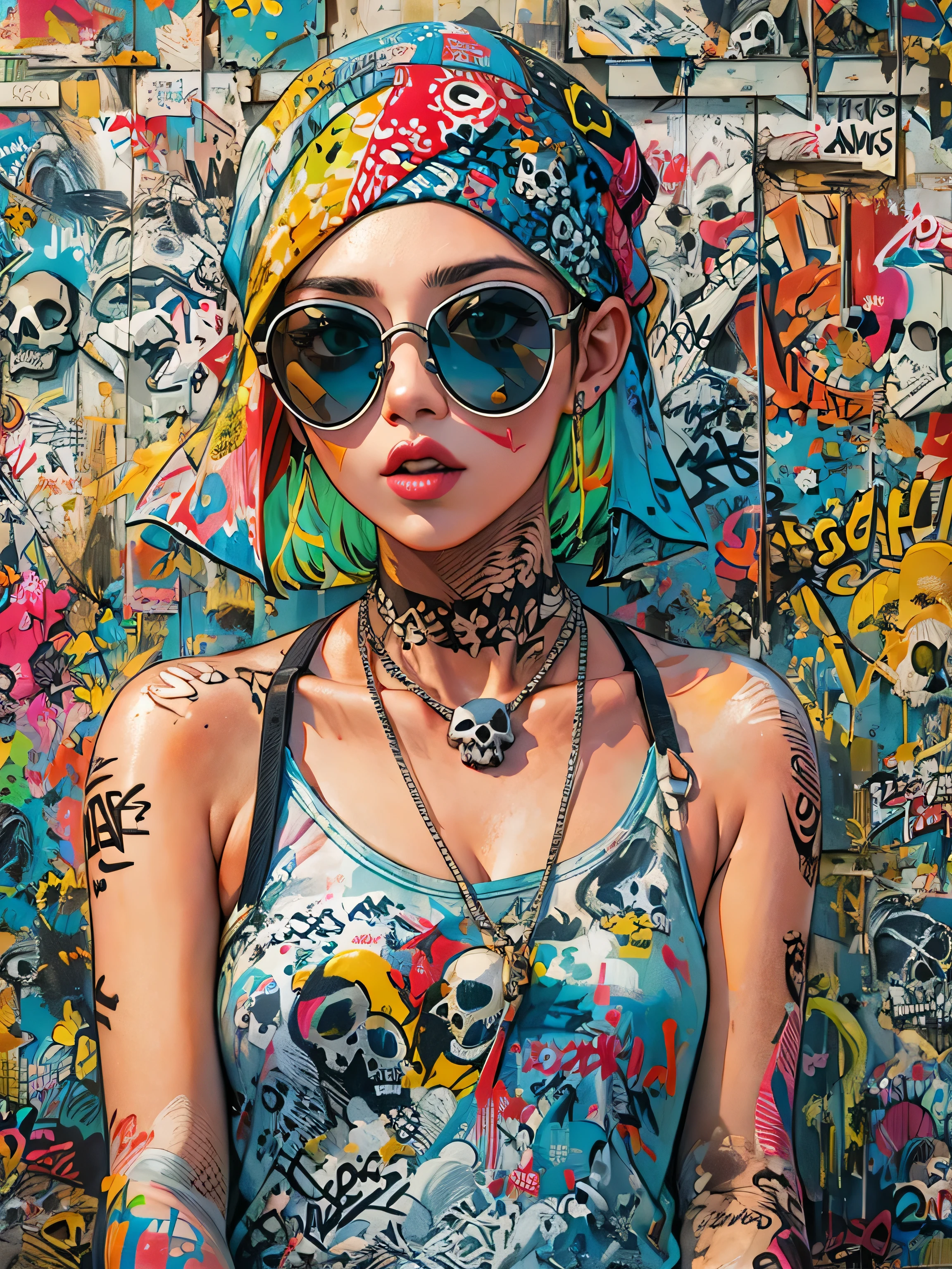 8K resolution、((highest quality))、((masterpiece))、((Super detailed))、1 female、alone、incredibly absurd、 (((most beautiful girl ever))), (((Stylish sunglasses))), lips in love, Stylish bandana,short cut hair、small breasts, (((skull graffiti art wall))), colorful hair, provocative