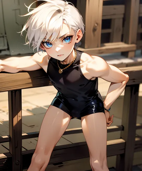 solo images、10 year old boy with white hair,bare wood ,cold eyes、cool look、beautiful boy、long eyelashes、 blue eyes,Small arms々mu...