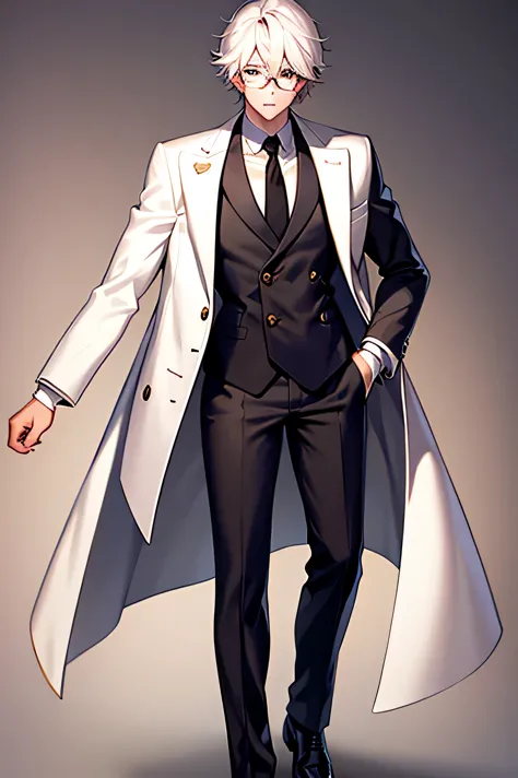 full body of a bespectacled man with pomad's platinum-haired hair. wearing a suit, not a beige coat, just over his shoulders. he...