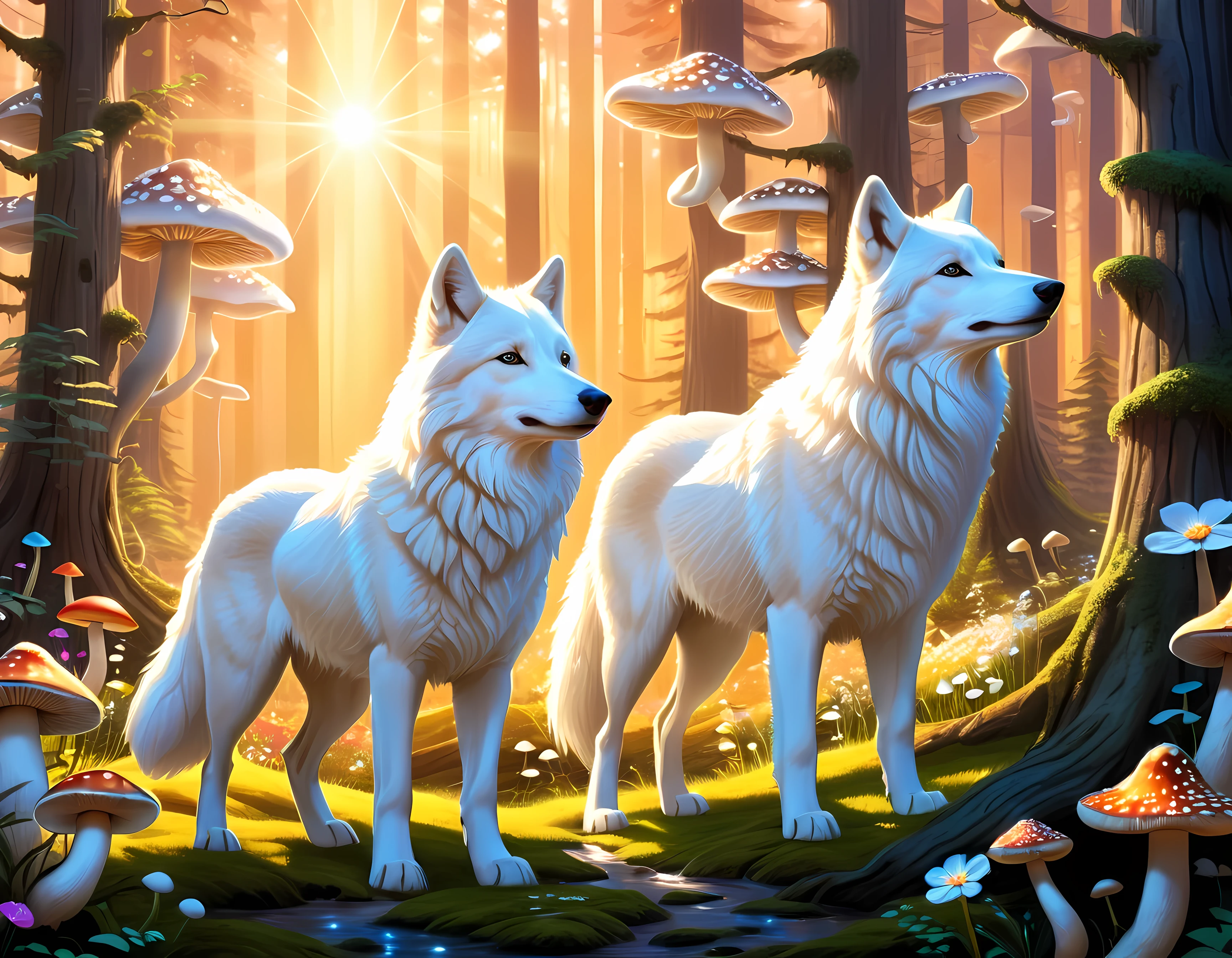 Epic digital drawing, a magical summer forest at starry night, moon (rays) filtering through the thick forest canopy, (adorable two howling white wolves, magical shimmering crystals), soft fog, masterpiece in maximum 16K resolution, superb quality. | ((More_Detail))