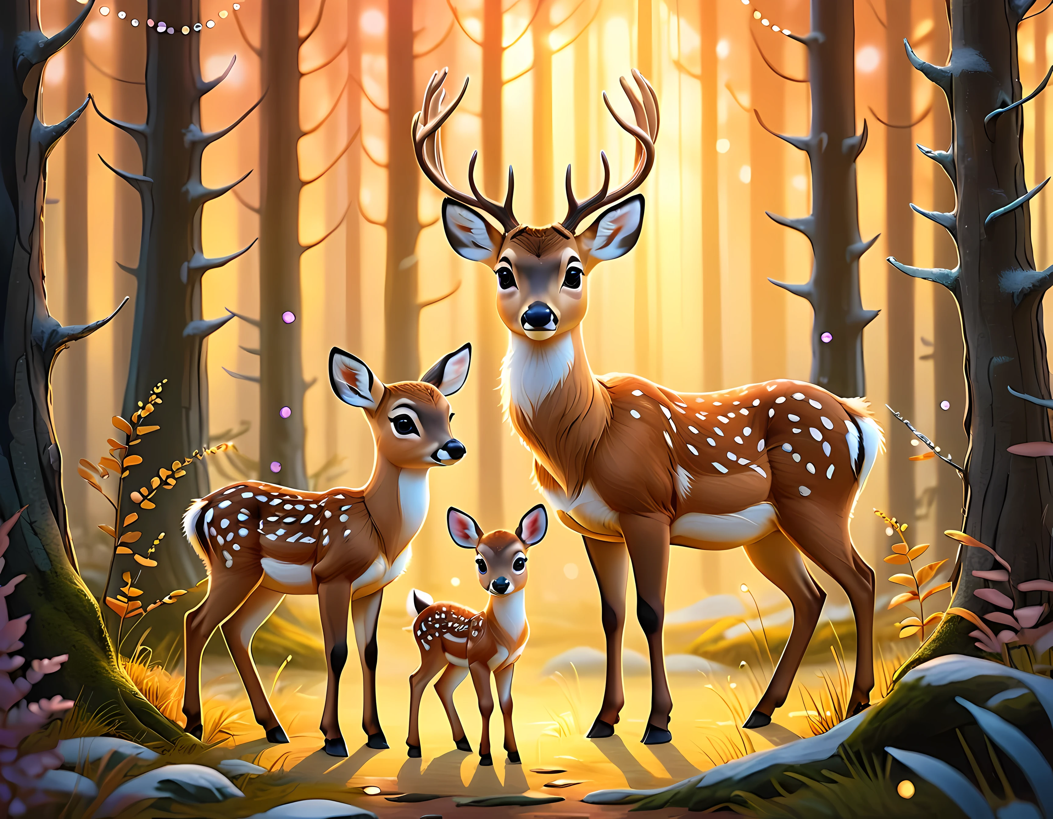 Epic digital drawing, an enchanted forest at sunset, where the Tyndall Effect illuminates the scene with shimmering light, an adorable deer cub with its mother, (magical crystals), soft fog, shimmering effect, masterpiece in maximum 16K resolution, superb quality. | ((More_Detail))