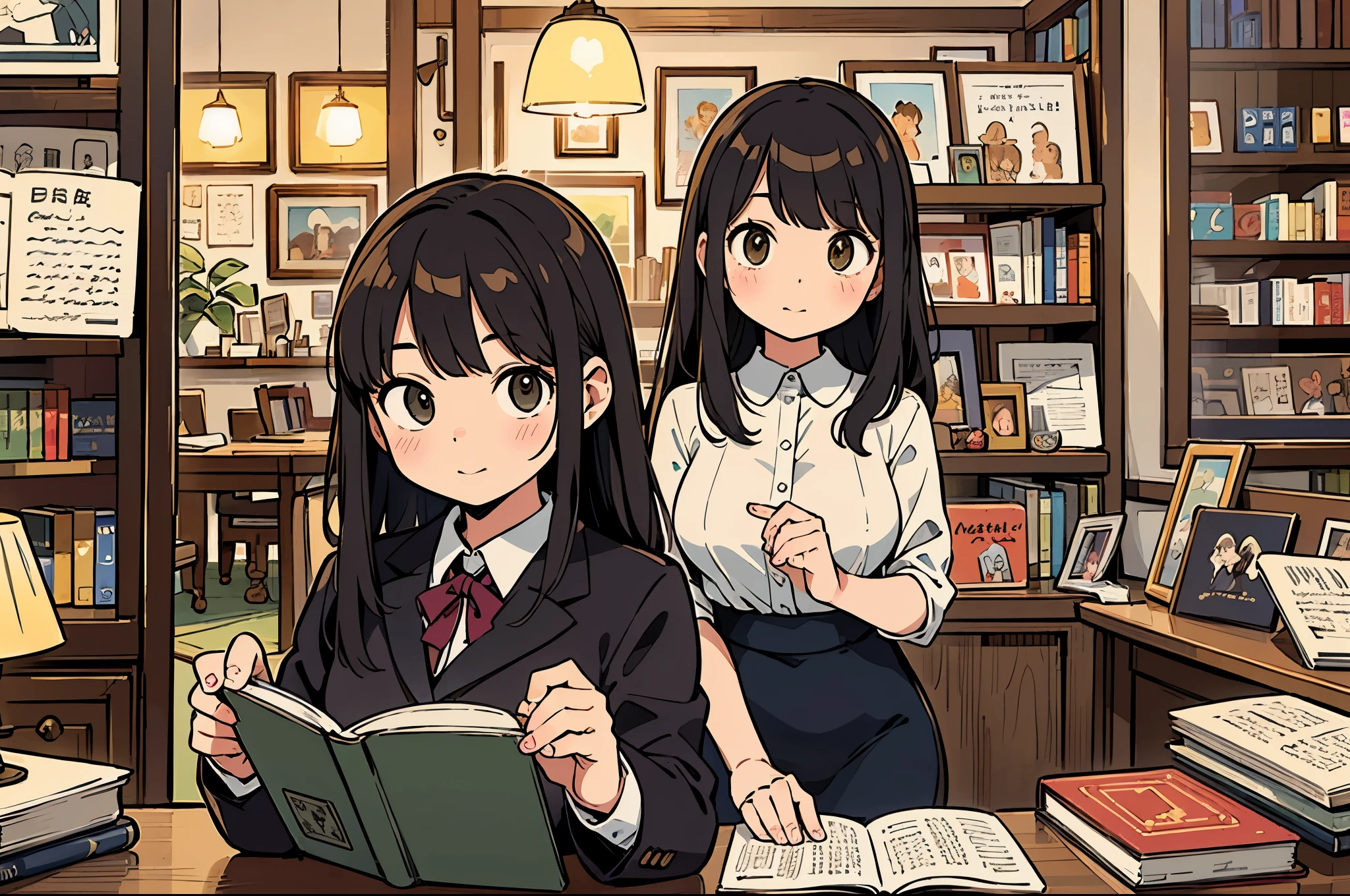 A girl in a vintage bookstore, holding a book titled "Exploring the Classics". She is wearing a suit and has delicate, long black hair. Her attention is captured by a collection of fairy tale picture books displayed on a shelf. The store owner, a wise-looking woman, is standing in the background, elegantly observing the girl as she explores the books. The atmosphere is filled with the scent of old paper and the soft glow of warm lighting, creating a cozy and inviting ambiance. The books are arranged meticulously, showcasing rare and collectible literary pieces. The shelves are adorned with beautifully illustrated book covers, transporting the readers into different worlds with each turn of the page. The girl's eyes are filled with excitement and curiosity as she carefully flips through the pages of the book she holds, immersing herself in the captivating stories and charming illustrations. The bookstore is a haven for book lovers, filled with the nostalgia of bygone eras and the enchantment of literary treasures. 

(best quality, highres, realistic:1.37), detailed, vintage, bookstore, girl, suit, black hair, fairy tale picture books, delicate, cozy, warm lighting, old paper scent, store owner, wise-looking woman, shelves, rare and collectible, literary pieces, illustrated book covers, excitement, curiosity, captivating stories, charming illustrations, immersion.