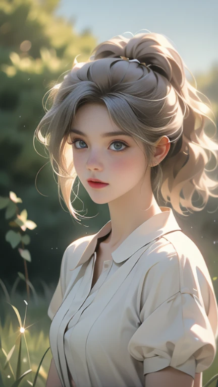 (best quality, 8k: 1.2), super detailed, realistic : 25 ans, fille sur la pelouse, nature, messy hair, cheveux courts, sky light and shadow images net bag