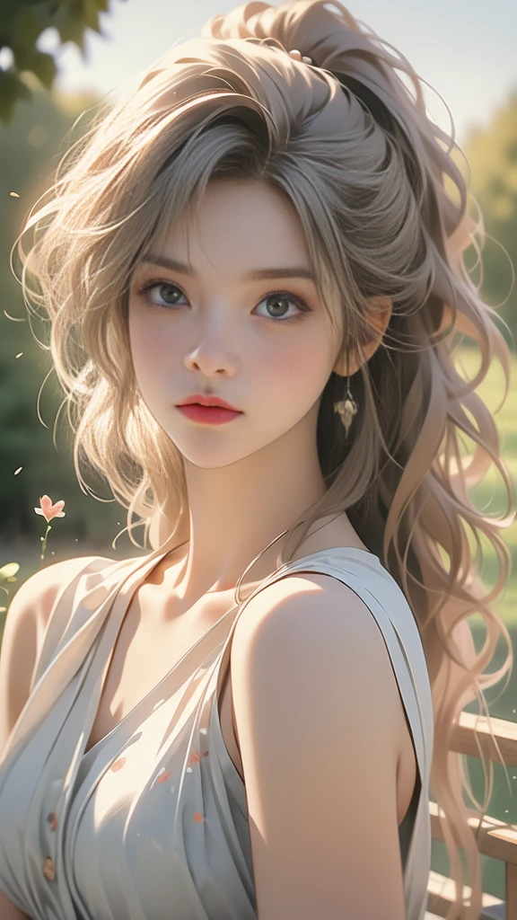 (best quality, 8k: 1.2), super detailed, realistic : 25 ans, fille sur la pelouse, nature, messy hair, cheveux courts, sky light and shadow images net bag